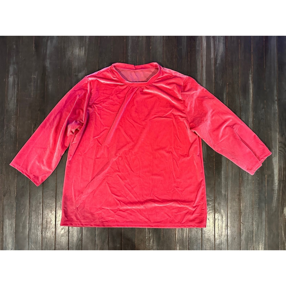 Womens Velvet Crew Neck Top Magenta Pink 3/4 Sleeve Shimmer Blouse Holiday Party